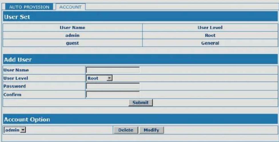 AUTO PROVISION ACCOUNT User Set User Name User Level admin Root guest General Add User User Name User Level Root Password Confirm Submit Account Option admin Delete Modify