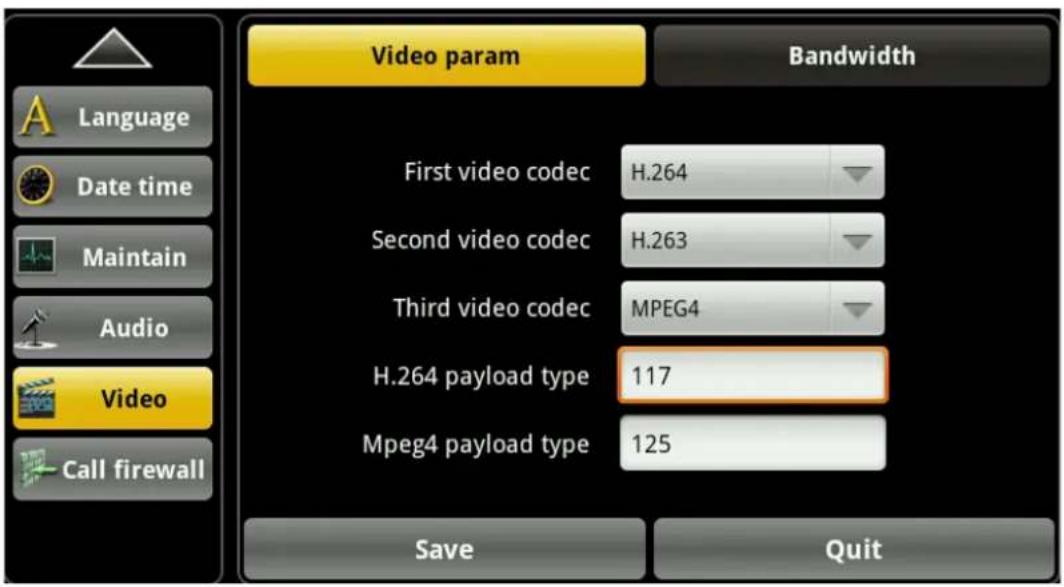 Language Date time Maintain Audio Video Call firewall Video param Bandwidth First video codec H.264 Second video codec H.263 Third video codec MPEG4 H.264 payload type 117 Mpeg4 payload type 125 Save Quit