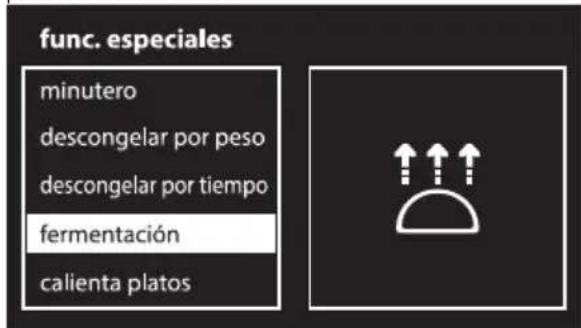 func. especiales minutero descongelar por peso descongelar por tiempo fermentación calienta platos
