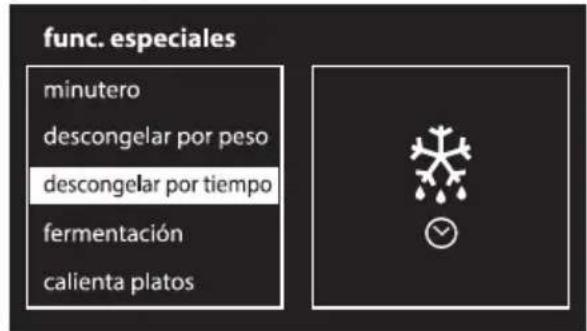 func. especiales minutero descongelar por peso descongelar por tiempo fermentación calienta platos