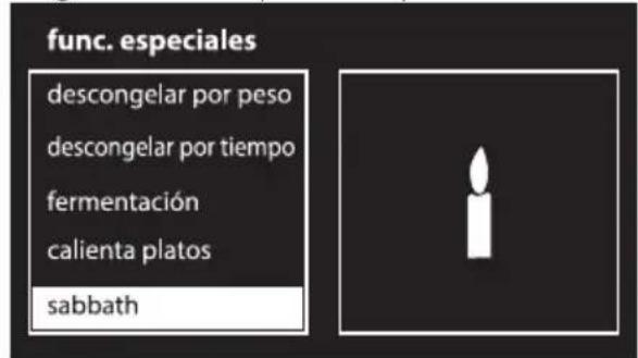 func. especiales descongelar por peso descongelar por tiempo fermentación calienta platos sabbath