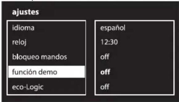 ajustes idioma reloj bloqueo mandos función demo eco-Logic español 12:30 off off off