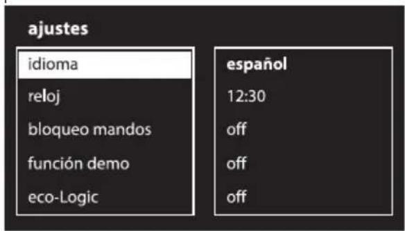 ajustes idioma reloj bloqueo mandos función demo eco-Logic español 12:30 off off off