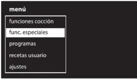 menú funciones cocción func. especiales programas recetas usuario ajustes