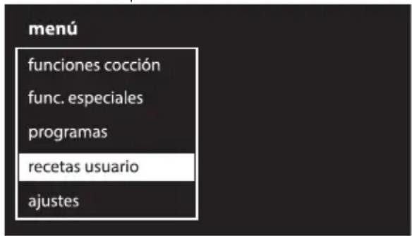 menú funciones cocción func. especiales programas recetas usuario ajustes