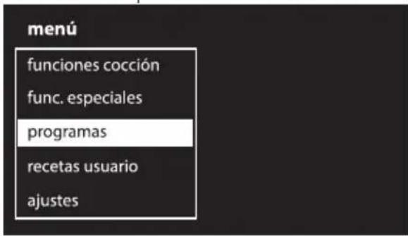 menú funciones cocción func. especiales programas recetas usuario ajustes