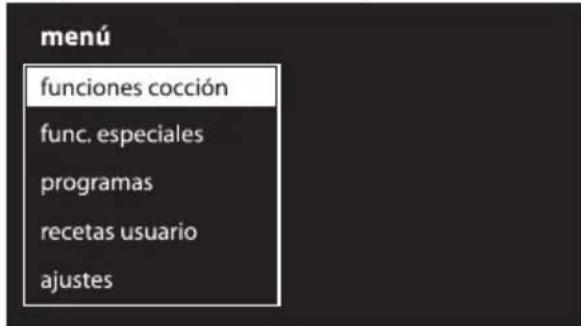 menú funciones cocción func. especiales programas recetas usuario ajustes