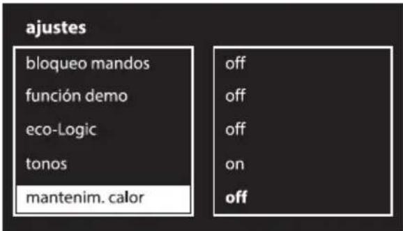 ajustes bloqueo mandos función demo eco-Logic tonos mantenim. calor off off off on off