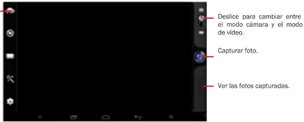 Deslice para cambiar entre el modo cámara y el modo de vídeo. Capturar foto. Ver las fotos capturadas.