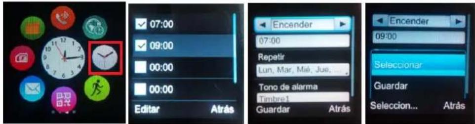 07:00 09:00 00:00 00:00 Editar Atras Encender 07:00 Repetir Lun, Mar, Mié, Jue, Tono de alarma Timbre1 Guardar Atras Encender 09:00 Seleccionar Guardar Seleccion... Atras