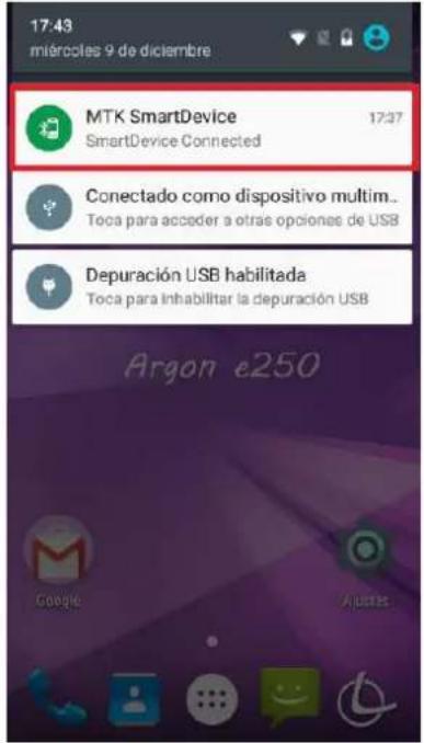 17:43 miércoles 9 de diciembre MTK SmartDevice SmartDevice Connected 17:37 Conectado como dispositivo multim.. Toca para acceder a otras opciones de USB Depuración USB habilitada Toca para Inhabilitar la depuración USB Argon e250 Google Ajustes
