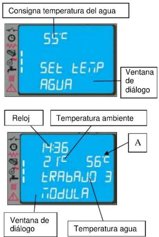 Consigna temperatura del agua 55°C SET EETP AGUA Ventana de diálogo Reloj Temperatura ambiente 14:36 21°C 56°C ERABAUO 3 iDULA A Ventana de diálogo Temperatura agua