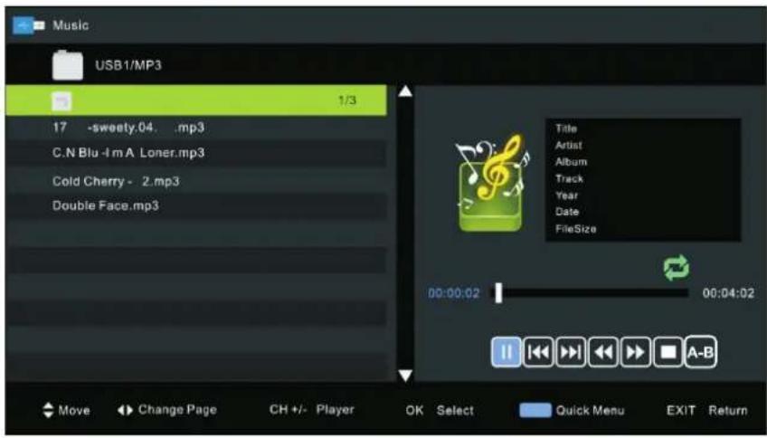 Music USB1/MP3 1/3 17 -sweety.04. .mp3 C.N Blu -l m A Loner.mp3 Cold Cherry - 2.mp3 Double Face.mp3 Title Artist Album Track Year Date FileSize 00:00:02 00:04:02 A-B Move Change Page CH +/- Player OK Select Quick Menu EXIT Return