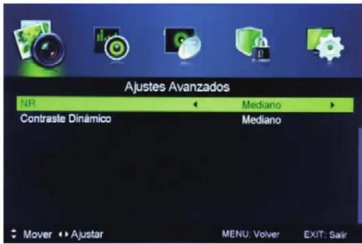 Ajustes Avanzados NR Mediano Contraste Dinámico Mediano Mover ▶ Ajustar MENU: Volver EXIT: Sair