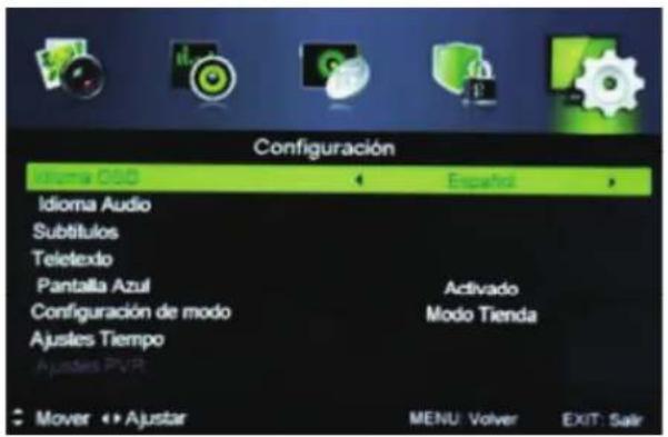 Configuración Idioma OBD Español Idioma Audio Subtitulos Teletexio Pantalla Azul Activado Configuración de modo Modo Tienda Ajustes Tiempo Ajustes PVR Mover ↔ Ajustar MENU: Volver EXIT: Salir