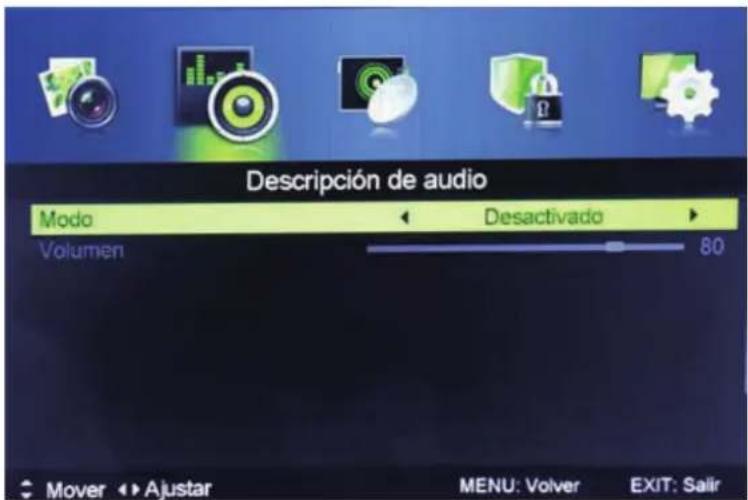 Descripción de audio Modo Desactivado Volumen 80 Mover Ajustar MENU: Volver EXIT: Salir