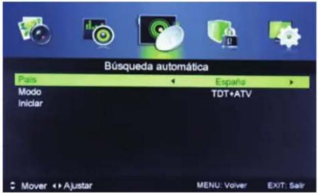 Búsqueda automática Pais España Modo TDT+ATV Iniciar Mover > Ajustar MENU: Volver EXIT: Salir