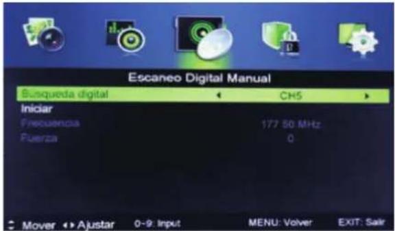 Escaneo Digital Manual Busqueda digital CH5 Iniciar Frecuencia 177 50 MHz Fuerza 0 Mover Ajustar 0-9: Input MENU: Volver EXIT: Sair