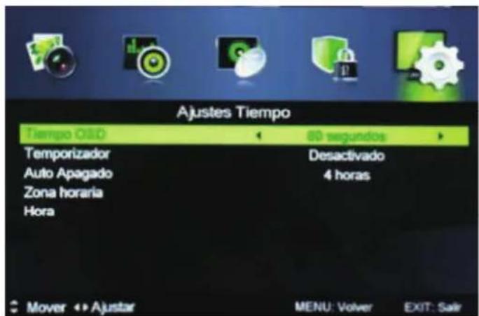 Ajustes Tiempo Tiempo O&D 80 segundos Temporizador Desactivado Auto Apagado 4 horas Zona horaria Hora Mover Ajustar MENU: Volver EXIT: Salir