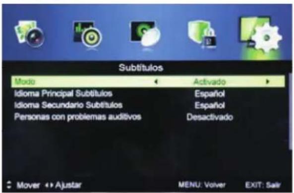 Subtitulos Modo Activado Idioma Principal Subtitulos Espanol Idioma Secundario Subtitulos Espanol Personas con problemas auditivos Desactivado Mover → Ajustar MENU: Volver EXIT: Salir