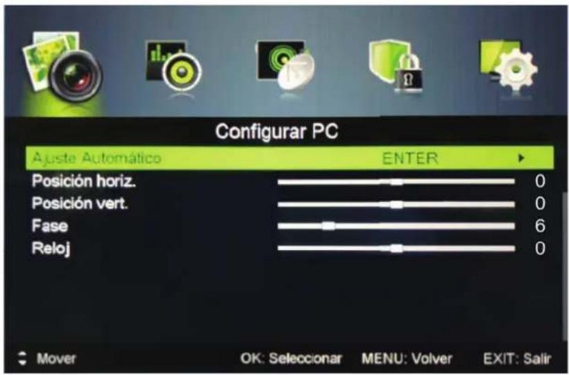Configurar PC Ajuste Automático ENTER Posición horiz. 0 Posición vert. 0 Fase 6 Reloj 0 Mover OK: Seleccionar MENU: Volver EXIT: Salir