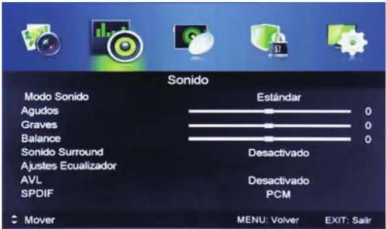 Sonido Modo Sonido Estándar Agudos 0 Graves 0 Balance 0 Sonido Surround Desactivado Ajustes Ecualizador AVL Desactivado SPDIF PCM Mover MENU: Volver EXIT: Salir