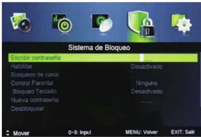 Sistema de Bloqueo Escribir contraseña Habilitar Desactivado Bloqueos de canal Control Parental Ninguna Bloqueo Teciado Desactivado Nueva contraseña Desbloquear Mover 0-9: Input MENU: Volver EXIT: Salir