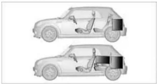 Two grayscale illustrations of a car showing internal components and seatbelt (no text or symbols)