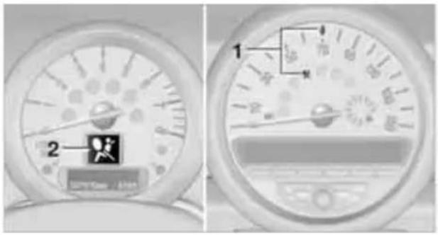 Two analog clocks showing a person wearing a device with '2' and '1' labels, one displaying a speedometer.