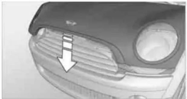 Close-up of a car's front grille with a white arrow pointing to the grille (no text or symbols visible)