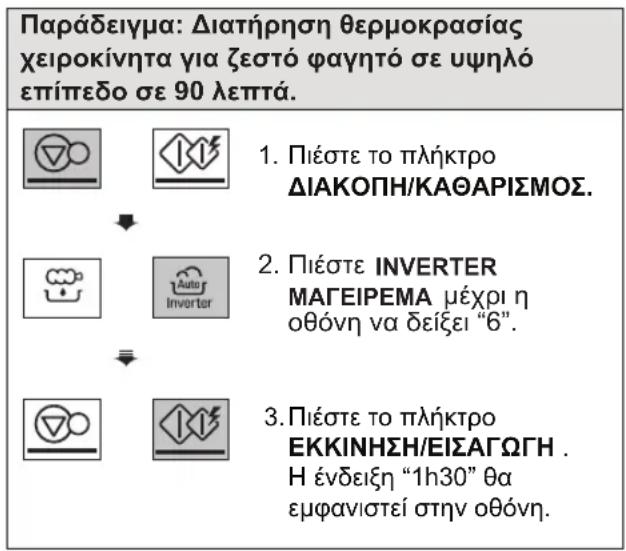 Παράδειγμα: Ρύθμιση θερμοκρασίας χειροκίνητα για ζεστό φαγητό σε υψηλό επίπεδο για 90 λεπτά.