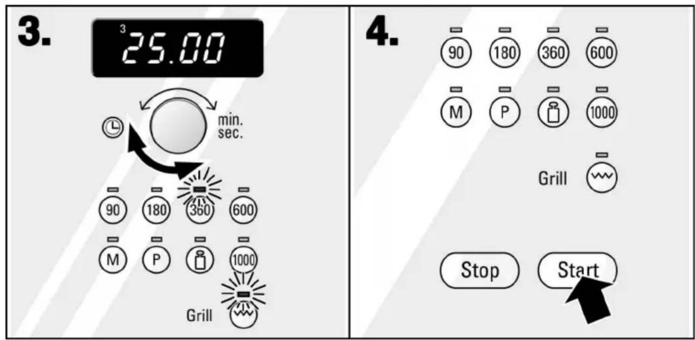 3. 25.00 min. sec. 90 180 360 600 M P 1000 Grill 4. 90 180 360 600 M P 1000 Grill Stop Start