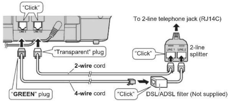 "Click" LINE 3 LINE 5 "Transparent" plug 2-wire cord 4-wire cord "GREEN" plug To 2-line telephone jack (RJ14C) "Click" LINE 1 LINE 2 2-line splitter "Click" DSL/ADSL filter (Not supplied)