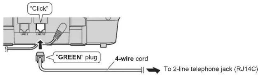 "Click" LINE 1 LINE 10 "GREEN" plug 4-wire cord To 2-line telephone jack (RJ14C)
