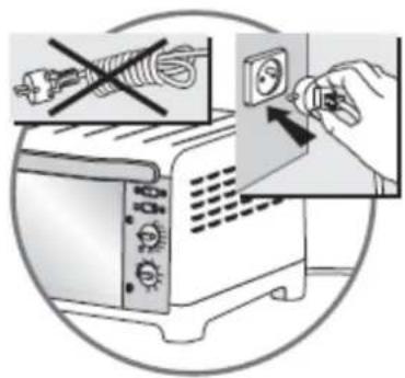 Diagram showing a hand using a power switch to switch an electrical outlet, with a crossed-out cable and no text labels.