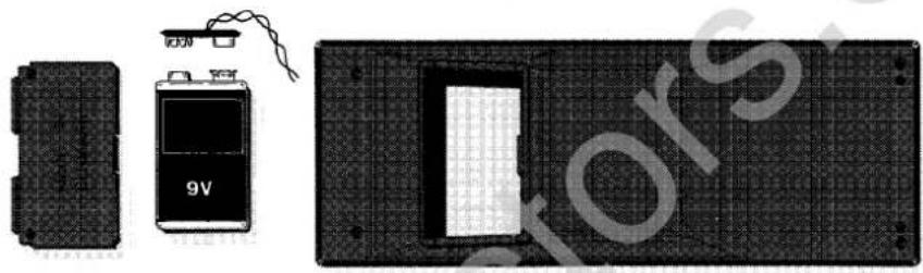 Three-panel technical illustration showing a 9V battery, a device with a sensor, and a grid-patterned panel (no text or symbols)