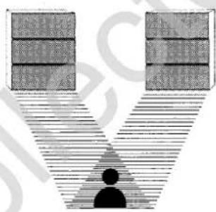Abstract diagram with two vertical panels and a central human silhouette, no text or symbols present