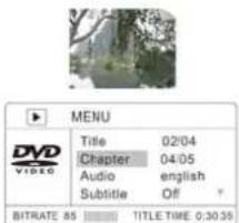 MENU DVD VIDEO Title 02/04 Chapter 04/05 Audio english Subtitle Off BITRATE 85 TITLE TIME 0:30:35