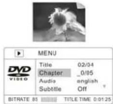 MENU DVD VIDEO Title 02/04 Chapter _0/05 Audio english Subtitle Off BITRATE 85 TITLE TIME 0:01:25