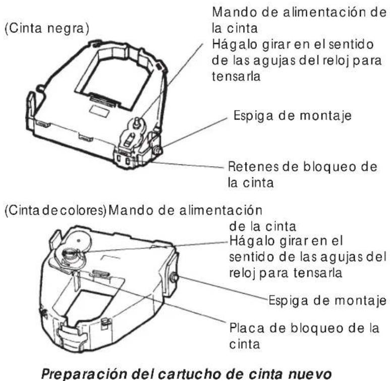 (Cinta negra) Mando de alimentación de la cinta Hágalo girar en el sentido de las agujas del reloj para tensarla Espiga de montaje Retenes de bloqueo de la cinta (Cinta de colores) Mando de alimentación de la cinta Hágalo girar en el sentido de las agujas del reloj para tensarla Espiga de montaje Placa de bloqueo de la cinta Preparación del cartucho de cinta nuevo