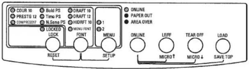 COUR 10 Bold PS DRAFT 10 PRESTG 12 Time PS DRAFT 12 COMPRESS17 N.Sena PS HIDRFT 10 LOCKED MENU FONT LOCK FONT MENU RESET SETUP ONLINE PAPER OUT AREA OVER L5/FF TEAR OFF LOAD MICRO↑ MICRO ↓ SAVE TOP