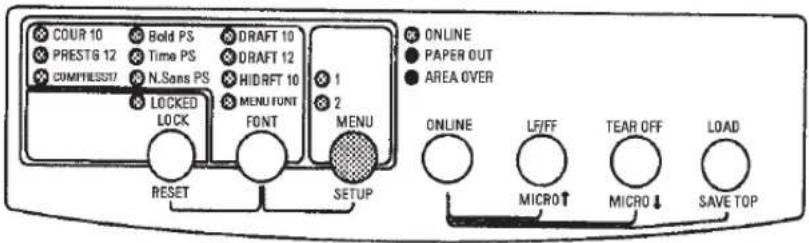 COUR 10 Bold PS DRAFT 10 PRESTG 12 Time PS DRAFT 12 COMPRESSU N.Sans PS HIDRFT 10 LOCKED MENU FONT 1 2 ONLINE PAPER OUT AREA OVER LOCK FONT MENU RESET SETUP ONLINE LF/FF TEAR OFF LOAD MICRO ↑ MICRO ↓ SAVE TOP