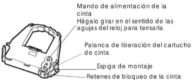 Mando de alimentación de la cinta Hágalo girar en el sentido de las agujas del reloj para tensarla Palanca de liberación del cartucho de cinta Espiga de montaje Retenes de bloqueo de la cinta