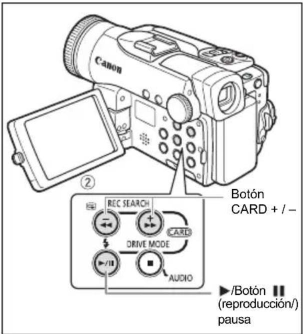 CANON MVX45i - Pulse el botón CARD+/- para pasar de una imagen a otra. Para reproducir una película, pulse el botón ▶/■ - 1