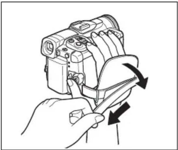 CANON MVX45i - Sujete la videocámara con la mano derecha mientras ajusta la correa con la izquierda. - 1