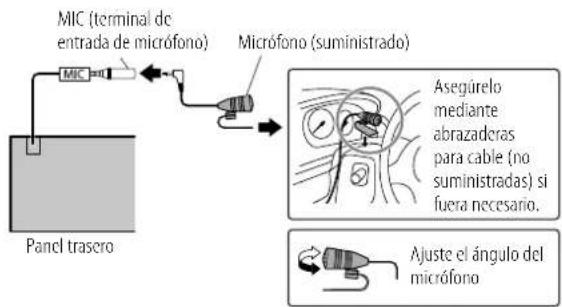 MIC (terminal de entrada de micrófono) Micrófono (suministrado) Panel trasero Asegúrelo mediante abrazadoras para cable (no suministradas) si fuera necesario. Ajuste el ángulo del micrófono