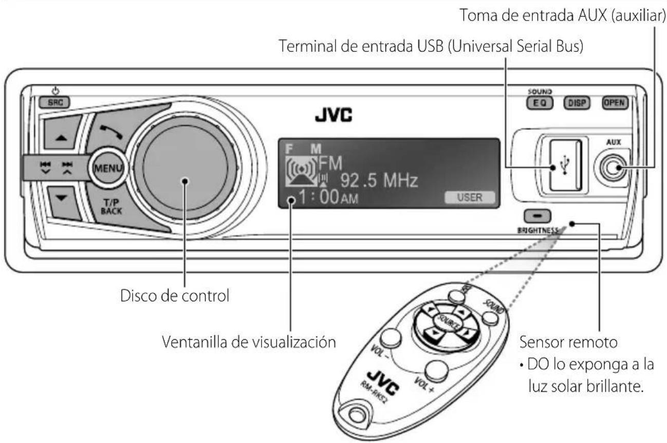 SRC MENU T/P BACK DISCO de control Ventanilla de visualización JVC F M FM 92.5 MHz 1:00AM USER Terminal de entrada USB (Universal Serial Bus) Toma de entrada AUX (auxiliar) SOUND EQ DISP OPEN AUX BRIGHTNESS Sensor remoto • DO lo exponga a la luz solar brillante.