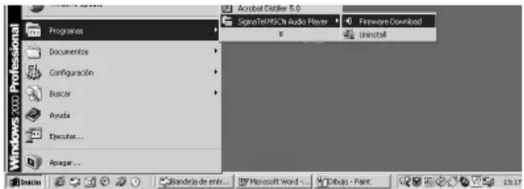 Windows 200 Professional Programas Documentos Configuración Buscar Ayuda Ejecutar... Apagar... Acrobat Didifier 5.0 SignaTelPfSCN Audio Player 8 Firmware Download Uninstall