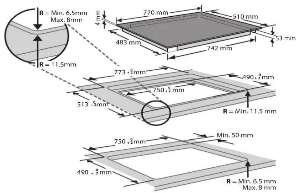 R = Min. 6.5mm Max. 8mm 4 mm 770 mm 510 mm 483 mm 742 mm 53 mm R = 11.5mm 773 + ½mm 750 + ½ mm 513 + ½mm 490 + ½ mm R = Min. 11.5 mm 750 + ½mm Min. 50 mm 490 + ½ mm R = Min. 6.5 mm Max. 8 mm