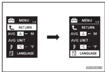 MENU 1/3 RETURN AVG A - M AVG UNIT °C - °F LANGUAGE MENU 1/3 RETURN AVG A - M AVG UNIT °C - °F LANGUAGE AG0020060